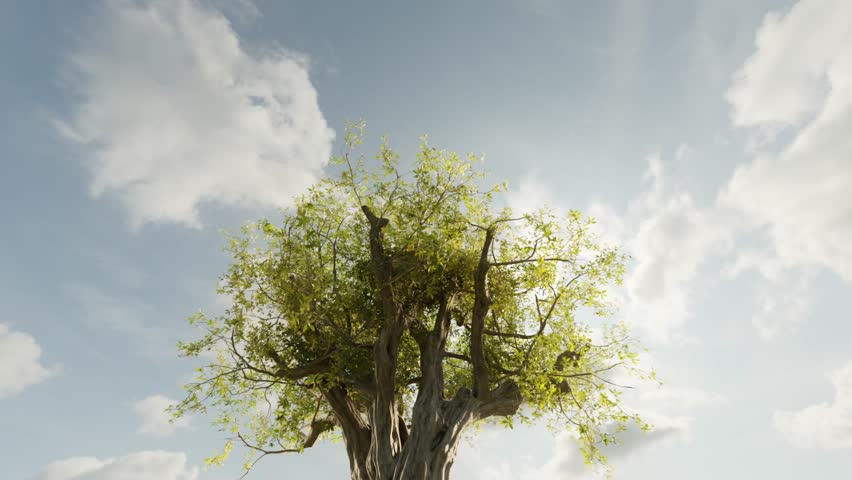 Bright beautiful day, blue sky, white clouds, sunlight and a majestic tree. Zoom in and through the tree. Optimism, bright future symbol. Mother nature, ecology concept video. Cinematic footage.  Royalty-Free Stock Footage #1106398409