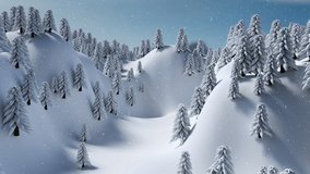 Animation of snow falling over winter landscape with fir trees background. Winter, snow and nature concept digitally generated video.