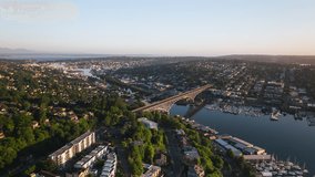Establishing Aerial View Shot of Seattle WA, Washington US, circling left, Aurora Bridge, Queen Anne, Fremont, Wallingford