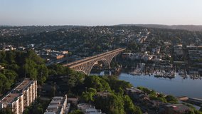 Establishing Aerial View Shot of Seattle WA, Washington US, circling right, Aurora Bridge, Queen Anne, Fremont, Wallingford