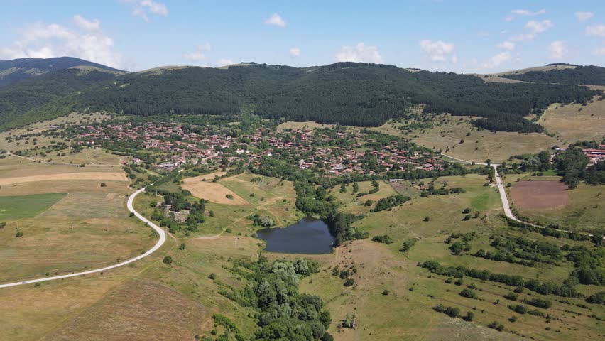 Aerial view of village of Zheravna with nineteenth century houses, Sliven Region, Bulgaria