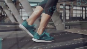 Animation of data processing over caucasian woman running on treadmill exercising in gym. Global sports, competition, computing and data processing concept digitally generated video.