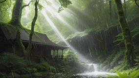 mysterious green forest natural scenery when it rains. Cartoon or anime watercolor painting illustration style. seamless looping virtual video animation background.