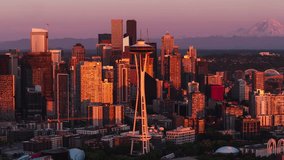 Ultimate Shot, Establishing Aerial View Shot of Seattle WA, Washington US, Purple and Red, incredible light, Space Needle and Downtown Seattle Skyline, Mount Rainier, circling right part 2