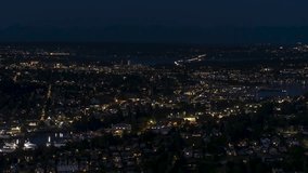 Establishing Aerial View Shot of Seattle night evening WA, Washington US, Queen Anne, Fremont, Eastlake