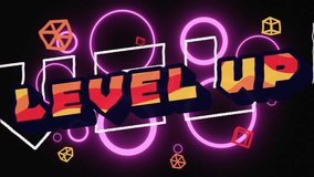 Animation of level up text over neon pattern on black background. Video game, communication, digital interface, pattern, colour, shape concept digitally generated video. - Powered by Shutterstock - Get 15% off with code: PIKWIZARD15