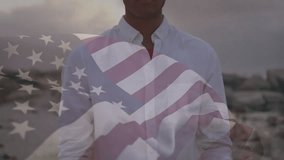 Animation of biracial man by sea over flag of usa. American patriotism, diversity and independence concept digitally generated video. - Powered by Shutterstock - Get 15% off with code: PIKWIZARD15
