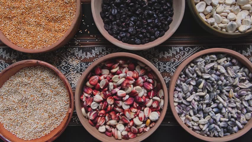 Various dried spices, andean cereals and grains in small bowls and raw herbs, Grains such as beans. Royalty-Free Stock Footage #1106405957