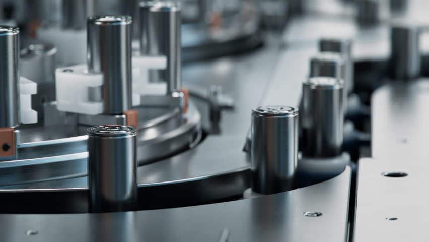 Close-up of Battery Cells for Automotive Industry on Production Line. High Capacity Batteries on Conveyor. Lithium-ion Cells for High-voltage Electric Vehicle Batteries Manufacturing Process
