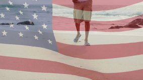 Animation of african american man by sea over flag of usa. American patriotism, diversity and independence concept digitally generated video.