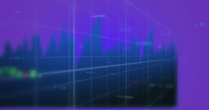Animation of financial data processing over purple background. Global business, finances, computing and data processing concept digitally generated video.
