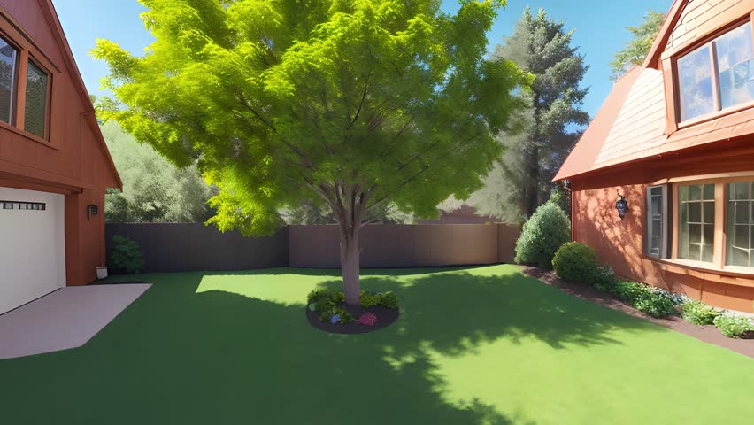 3D House with a large garden and a car garage, 360 Camera View, seamless loop, abstract 3D
