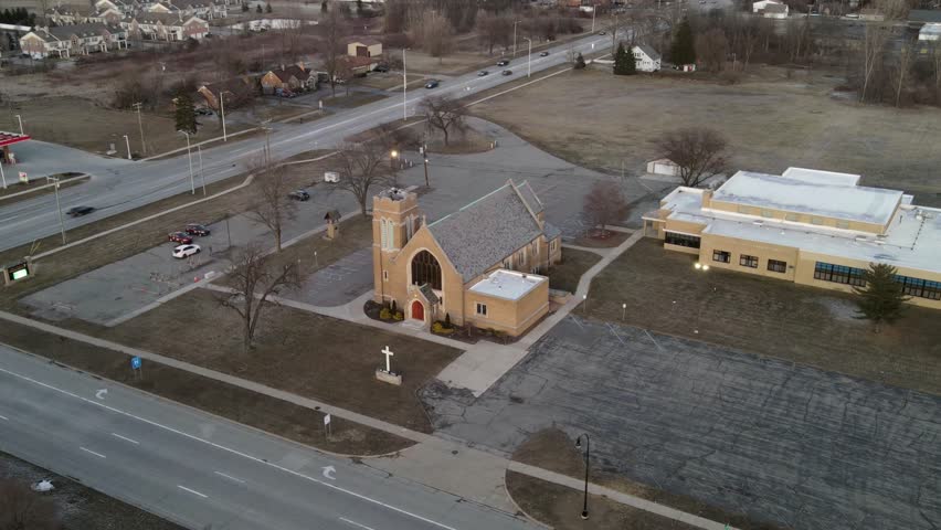 Iconic church building in USA, aerial orbit hyper lapse view