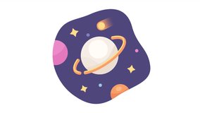Galaxy space planets 2D animation. Universe saturn planet with ring 4K video motion graphic. Solar system. Cosmos saturn. Blinking stars in space color animated cartoon flat concept, white background