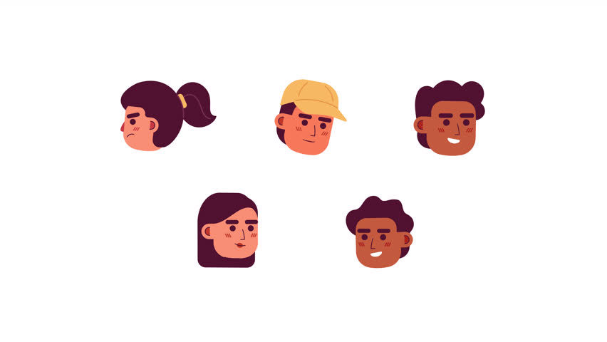 Young adults nodding head satisfied 2D avatars icons animation pack. Flat cartoon 4K video collection, transparent alpha channel. Cheerful animated people facial expressions on white background