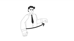 Business man pulling chart arrow up bw 2D animation. Finance officer 4K video motion graphic. Statistic presentation. Business growth monochrome outline animated cartoon flat concept, white background