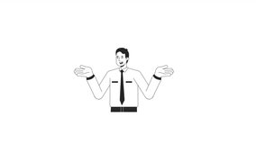 Man shrugging shoulders bw animation. Animated character clueless employee confusion. Monochrome 2D flat outline cartoon 4K video, white background, alpha channel transparency for web design