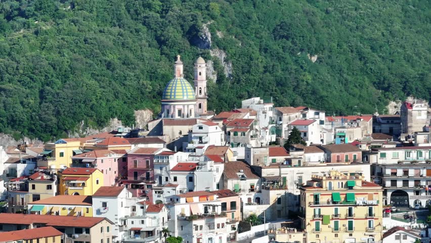 Panoramic view of Vietri sul Mare from Salerno, Italy, The Amalfitana is an Italian coastal road in the province of Salerno that leads from Meta di Sorrento to Vietri sul Mare, Beautiful view 