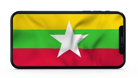 Waving flag of Myanmar on a mobile phone screen. 3d animation in 4k resolution video.