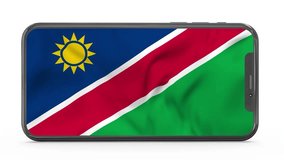 Waving flag of Namibia on a mobile phone screen. 3d animation in 4k resolution video.