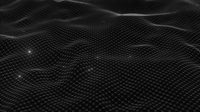 Flowing smooth Plexus terrain waves background. Grid, mesh of dots and lines. Big data connection. Seamless loop animation