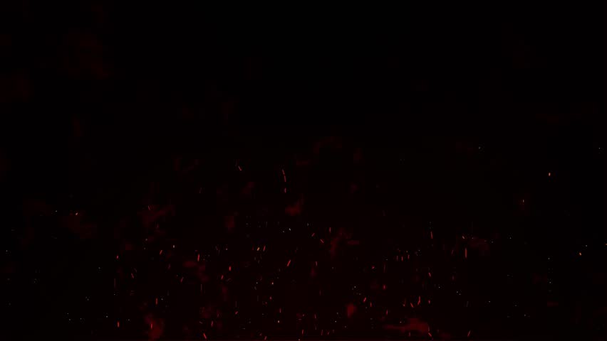 4K 3D Animation of Burning hot bonfire fire sparks dark background. Campfire Flames. Particles over black. Flying Embers fire. sparks particles of fire Air Strike. with smoke. Flying. 3D Illustration