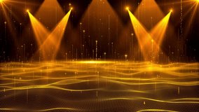 4K Golden Particle light spot flashing award party stage background. party song dance show led spot flashing VJ stage. fashion, events corporate awards. ceremony, nightclub, fashion. 3D Illustration