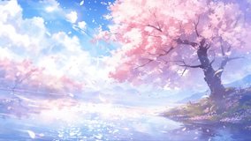 spring background with sakura. Wide angle. Sparkling water river. Cherry blossoms tree with butterflies. Cherry blossoms rain. 4k infinite loop animation footage. Japanese anime painting style - Powered by Shutterstock - Get 15% off with code: PIKWIZARD15