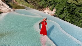 Woman in Red Dress on the Turquoise Travertines Drone Video, Göksu Travertines Dereli, Giresun Turkey (Turkiye)