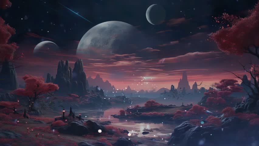 Fantasy dark landscape with big moon, shooting stars, and bats with fireflies effect. Mountain and river night scape scene. Seamless looping animation footage