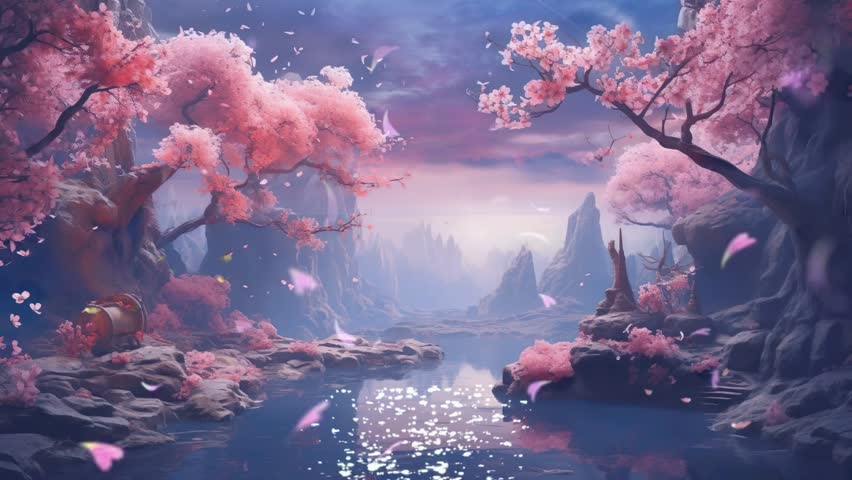 Flying butterfly with cherry blossoms rain flower at the river. Night scene with shooting stars. Seamless repeat continue looping animation