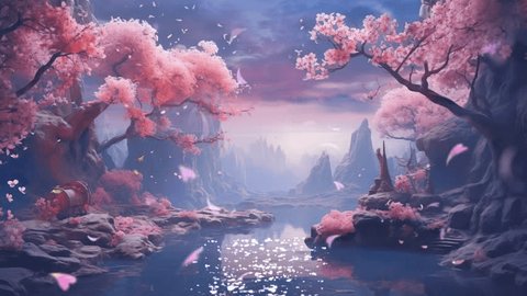 Стоковое видео: Flying butterfly with cherry blossoms rain flower at the river. Night scene with shooting stars. Seamless repeat continue looping animation