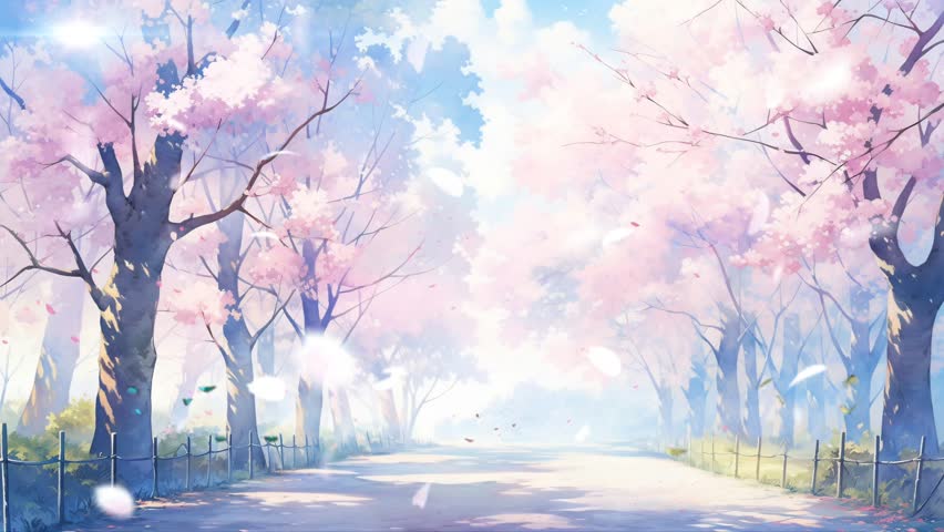 spring background street with sakura. Cherry blossoms tree with butterflies. Cherry blossoms rain. 4k infinite loop animation footage. Japanese anime painting style Royalty-Free Stock Footage #1106440311
