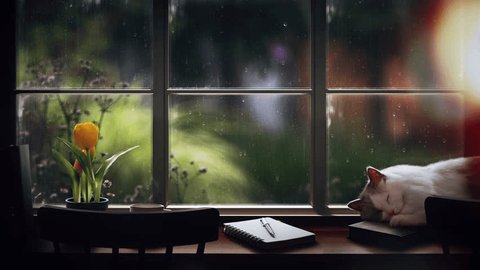Rain falling on the window, flowing raindrops, comfortable rain sound ASMR, a cat sleeping on a desk with books, notes, and coffee, resting in a cozy cafe and library, and raining scenery
 Stock-video