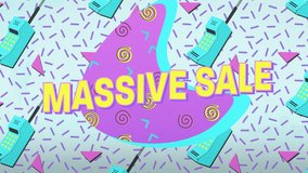 Animation of massive sale text over retro pattern and speech bubble. Sales, retail, colour, shape and movement concept digitally generated video. - Powered by Shutterstock - Get 15% off with code: PIKWIZARD15