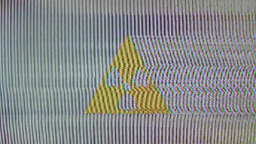 NUCLEAR WARNING visual sign, glitch symbol, static noise, interference, VHS, flickering, damaged tape, glitch art, vaporwave retro vintage 90s 80s aesthetic radioactive danger trippy yellow triangle Royalty-Free Stock Footage #1106444893