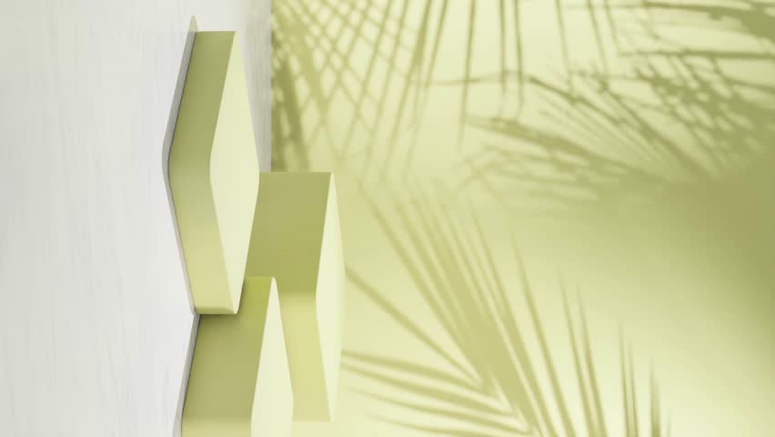 3D Animation display, vertical podium and abstract floral fern plant background vivid color, graphic product display, animated product shot packshot studio setting colorway pastel yellow