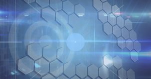 Animation of connections and data processing over hexagons. Global connections, digital interface, communication, computing and data processing concept digitally generated video. - Powered by Shutterstock - Get 15% off with code: PIKWIZARD15