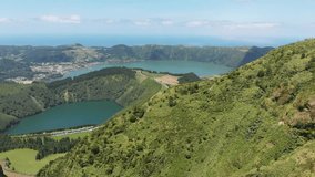 Top view of Azul lake in Portugal, Azores islands. Portugal nature, extinct volcano. 4K