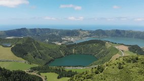 Grota do Inferno observation deck, Portugal, Azores islands. Azul lake. Aerial survey. 4K