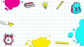 Animated Hand Drawn Back to School or Teacher's day Banner Template. Educational Concept for New School Term. School Bag with Stationary, Colorful Paint Splashes on Blank Math Pattern. - Powered by Shutterstock - Get 15% off with code: PIKWIZARD15