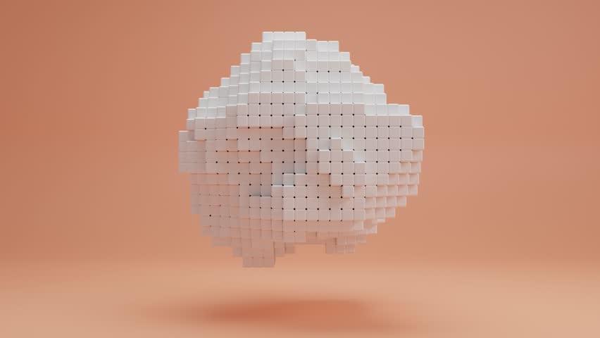 Loop 3d animation of a pixelated white cloud, a crumpled sphere of many cubes on a pink background. The cloud changes the shape and size of the cubes. The idea of digital technologies and NFT art. Royalty-Free Stock Footage #1106446449