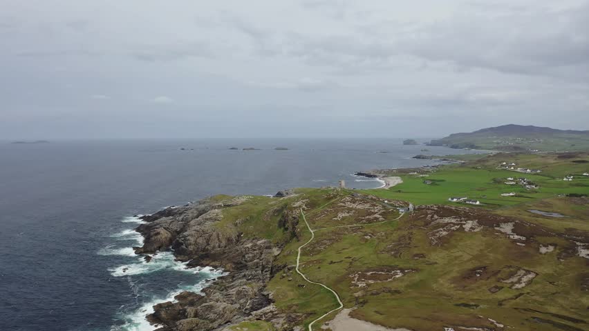 Aerial view of the coastline at Malin Head in Ireland. Royalty-Free Stock Footage #1106446895