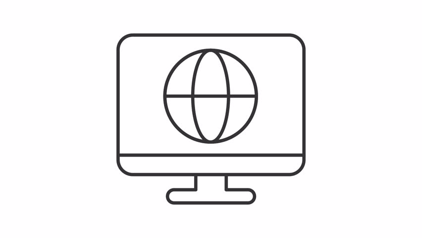 Website animated icon. Globe rotating inside computer monitor line animation. Cyber space. Internet connection. Black illustration on white background. HD video with alpha channel. Motion graphic