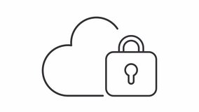 Cloud encryption line animation. Padlock opening over cloud animated icon. Virtual server. Data protection. Black illustration on white background. HD video with alpha channel. Motion graphic
