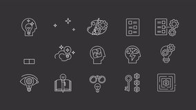 Creative thinking animation library. Idea generation animated white line icons. Outside the box. Innovative solution. Isolated illustrations on dark background. Transition alpha. HD video. Icon pack
