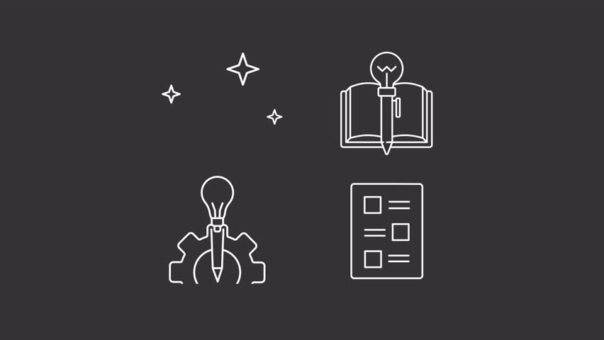 Writing book animation library. Publishing business animated white line icons. Content creation. Creative process. Isolated illustrations on dark background. Transition alpha. HD video. Icon pack Royalty-Free Stock Footage #1106447525