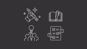 Writing book animation library. Publishing business animated white line icons. Content creation. Creative process. Isolated illustrations on dark background. Transition alpha. HD video. Icon pack