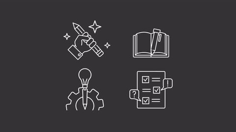 Writing book animation library. Publishing business animated white line icons. Content creation. Creative process. Isolated illustrations on dark background. Transition alpha. HD video. Icon pack Video de stock