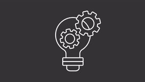 Idea generation white line animation. Light bulb with rotating gears inside animated icon. Product development. Isolated illustration on dark background. Transition alpha video. Motion graphic